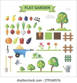 Flat garden, vector set. Elements for game: sprites and tile sets. Vegetables, fruits, trees, groubd, grass, flowers, fences.
