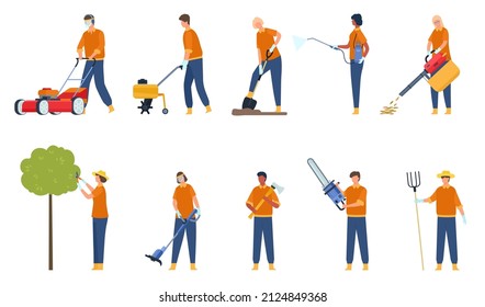 Flat garden workers with equipment trimming tree and grass. Professional lawn mowing and care maintenance. Gardeners with tools vector set. Care garden, trimming and cut