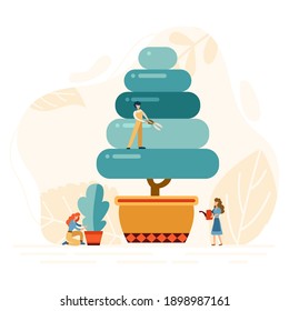 Flat garden workers trim the trees. Group people working with hedge clippers. Landscape design service background. Vector illustration.