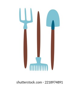 Flat gardening tools with shovel rake and hayfork on white background isolated vector illustration