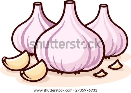 Flat garlic bulbs with cloves, clean vector cartoon illustration isolated on white background.