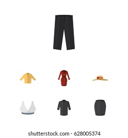 Flat Garment Set Of Banyan, Clothes, Stylish Apparel And Other Vector Objects. Also Includes Headgear, Kimono, Sport Elements.