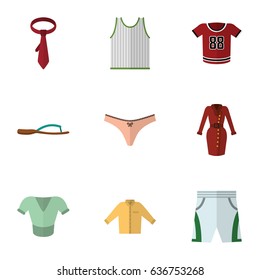 Flat Garment Set Of Beach Sandal, Banyan, Trunks Cloth Vector Objects. Also Includes Dress, Clothes, Shirt Elements.