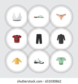 Flat Garment Set Of Beach Sandal, Lingerie, Uniform Vector Objects. Also Includes Clothes, Sandal, Lingerie Elements.