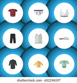 Flat Garment Set Of Beach Sandal, T-Shirt, Singlet Vector Objects. Also Includes Singlet, Blouse, Pants Elements.
