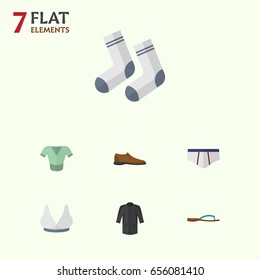 Flat Garment Set Of Beach Sandal, Uniform, Male Footware Vector Objects. Also Includes Kimono, Sandal, Bra Elements.