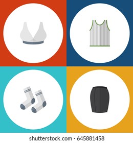Flat Garment Set Of Brasserie, Foot Textile, Stylish Apparel And Other Vector Objects. Also Includes Socks, Woman, Skirt Elements.