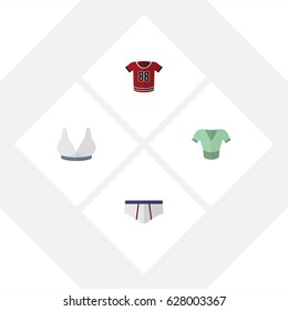 Flat Garment Set Of Casual, Brasserie, T-Shirt And Other Vector Objects. Also Includes Shirt, Sport, Uniform Elements.