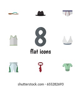 Flat Garment Set Of Casual, Brasserie, Panama And Other Vector Objects. Also Includes Clothes, Hat, Cloth Elements.