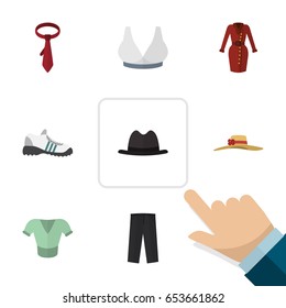 Flat Garment Set Of Casual, Panama, Pants And Other Vector Objects. Also Includes Sport, Woman, Tie Elements.