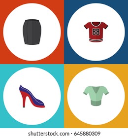 Flat Garment Set Of Casual, Stylish Apparel, T-Shirt And Other Vector Objects. Also Includes Shoes, Blouse, Shirt Elements.