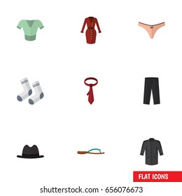 Flat Garment Set Of Casual, Uniform, Clothes And Other Vector Objects. Also Includes Cravat, Flop, Trousers Elements.