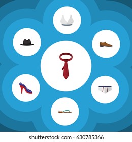 Flat Garment Set Of Cravat, Beach Sandal, Male Footware Vector Objects. Also Includes Cravat, Sport, Heeled Elements.