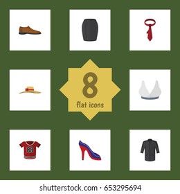 Flat Garment Set Of Cravat, T-Shirt, Stylish Apparel And Other Vector Objects. Also Includes Hat, Sport, Skirt Elements.