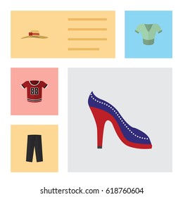 Flat Garment Set Of Elegant Headgear, Casual, T-Shirt And Other Vector Objects. Also Includes Uniform, Shirt, Sandal Elements.