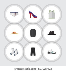 Flat Garment Set Of Elegant Headgear, Stylish Apparel, Panama And Other Vector Objects. Also Includes Sleeveless, Underwear, Shoes Elements.