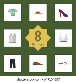 Flat Garment Set Of Elegant Headgear, Heeled Shoe, Beach Sandal Vector Objects. Also Includes Bra, Headgear, Sandal Elements.