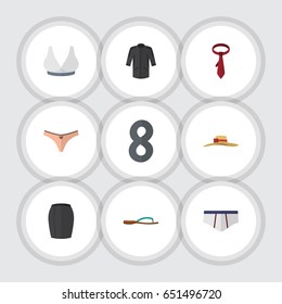 Flat Garment Set Of Elegant Headgear, Stylish Apparel, Brasserie And Other Vector Objects. Also Includes Uniform, Hat, Kimono Elements.