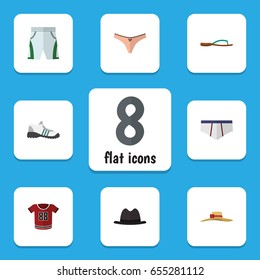 Flat Garment Set Of Elegant Headgear, Beach Sandal, Panama Vector Objects. Also Includes Hat, Gumshoes, Panties Elements.