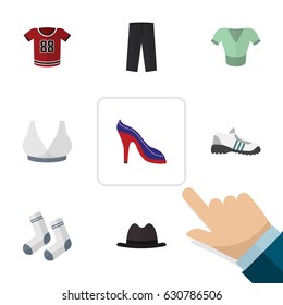 Flat Garment Set Of Foot Textile, Brasserie, Casual And Other Vector Objects. Also Includes Shoes, Gumshoes, Panama Elements.