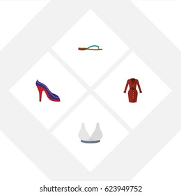 Flat Garment Set Of Heeled Shoe, Beach Sandal, Brasserie Vector Objects.