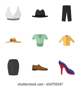 Flat Garment Set Of Heeled Shoe, Banyan, Brasserie And Other Vector Objects. Also Includes Blouse, Shirt, Pants Elements.