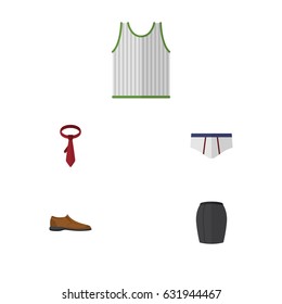 Flat Garment Set Of Male Footware, Underclothes, Stylish Apparel And Other Vector Objects. Also Includes Tank, Necktie, Footware Elements.