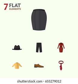 Flat Garment Set Of Male Footware, Banyan, Stylish Apparel And Other Vector Objects. Also Includes Leggings, Dress, Shirt Elements.