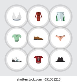 Flat Garment Set Of Panama, Casual, Sneakers And Other Vector Objects. Also Includes Hat, Man, Panties Elements.