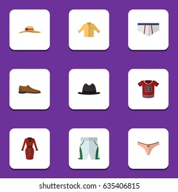 Flat Garment Set Of Panama, Trunks Cloth, Lingerie And Other Vector Objects. Also Includes Hat, Man, Fedora Elements.
