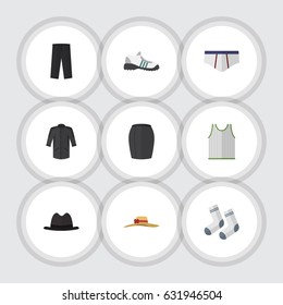 Flat Garment Set Of Pants, Panama, Elegant Headgear And Other Vector Objects. Also Includes Socks, Briefs, Shoes Elements.