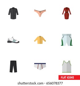 Flat Garment Set Of Pants, Sneakers, Uniform And Other Vector Objects. Also Includes Shorts, Shirt, Underclothes Elements.