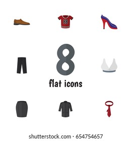 Flat Garment Set Of Pants, Stylish Apparel, Cravat And Other Vector Objects. Also Includes Cravat, Heeled, Sandal Elements.