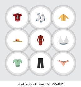 Flat Garment Set Of Pants, T-Shirt, Elegant Headgear And Other Vector Objects. Also Includes Trousers, Bra, Clothes Elements.