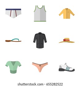 Flat Garment Set Of Singlet, Lingerie, Casual And Other Vector Objects. Also Includes Flop, Gumshoes, Briefs Elements.
