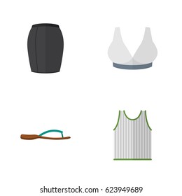 Flat Garment Set Of Stylish Apparel, Brasserie, Singlet And Other Vector Objects. Also Includes Skirt, Sport, Woman Elements.