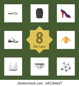 Flat Garment Set Of Stylish Apparel, Underclothes, Heeled Shoe And Other Vector Objects. Also Includes Flip, Sport, Man Elements.