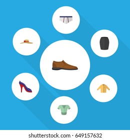 Flat Garment Set Of Stylish Apparel, Casual, Elegant Headgear And Other Vector Objects. Also Includes Apparel, Shoes, Footware Elements.