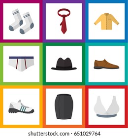 Flat Garment Set Of Stylish Apparel, Brasserie, Cravat And Other Vector Objects. Also Includes Woman, Briefs, Socks Elements.