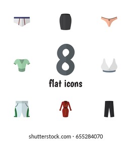 Flat Garment Set Of Stylish Apparel, Clothes, Trunks Cloth And Other Vector Objects. Also Includes Skirt, Dress, Panties Elements.