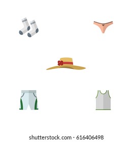 Flat Garment Set Of Trunks Cloth, Lingerie, Foot Textile And Other Vector Objects. Also Includes Cloth, Singlet Elements.