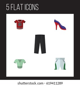 Flat Garment Set Of Trunks Cloth, Casual, Heeled Shoe And Other Vector Objects. Also Includes Leggings, Shirt, Heeled Elements.