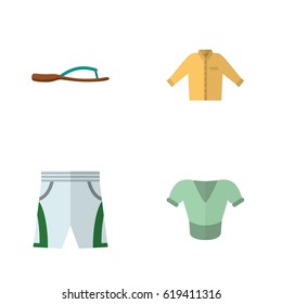 Flat Garment Set Of Trunks Cloth, Banyan, Beach Sandal Vector Objects. Also Includes Shirt, Man, Trunks Elements.