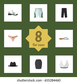 Flat Garment Set Of Trunks Cloth, Beach Sandal, Sneakers Vector Objects. Also Includes Fedora, Woman, Shoes Elements.