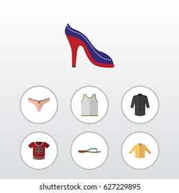 Flat Garment Set Of Uniform, Banyan, Beach Sandal Vector Objects. Also Includes Uniform, Flop, Tank Elements.