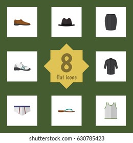 Flat Garment Set Of Uniform, Beach Sandal, Sneakers Vector Objects. Also Includes Fedora, Clothes, Tank Elements.