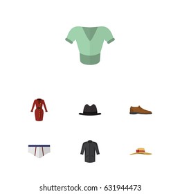 Flat Garment Set Of Uniform, Elegant Headgear, Panama And Other Vector Objects. Also Includes Uniform, Fedora, Underclothes Elements.