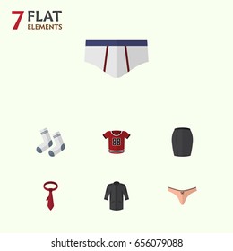 Flat Garment Set Of Uniform, Foot Textile, T-Shirt And Other Vector Objects. Also Includes Underclothes, Textile, Lingerie Elements.