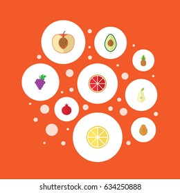 Flat Garnet, Ananas, Cluster And Other Vector Elements. Set Of Fruit Flat Symbols Also Includes Lemon, Pineapple, Pear Objects.