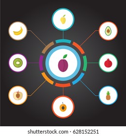 Flat Garnet, Peach, Alligator Pear And Other Vector Elements. Set Of Fruit Flat Symbols Also Includes Garnet, Ananas, Peach Objects.